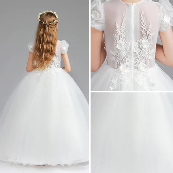 Chic / Beautiful White Flower Girl Dresses 2017 Ball Gown V-Neck Short Sleeve Appliques Flower Floor-Length / Long Wedding Party Dresses