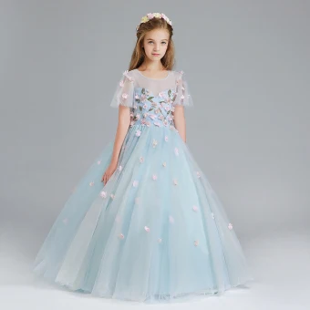 Chic Belle Bleu Ciel Robe Ceremonie Fille 2017 Robe Boule Encolure Dégagée Manches Courtes Appliques Fleur Longue Volants Percé Robe Pour Mariage