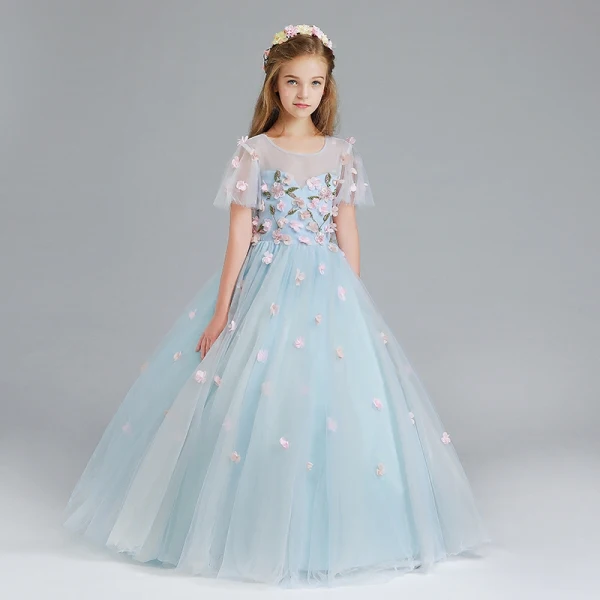 light blue flower girl dress Short Ruffle Sleeves Beaded Flower Girl Dress main image 1