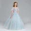 Chic / Beautiful Sky Blue Flower Girl Dresses 2017 Ball Gown Scoop Neck Short Sleeve Appliques Flower Floor-Length / Long Ruffle Pierced Wedding Party Dresses