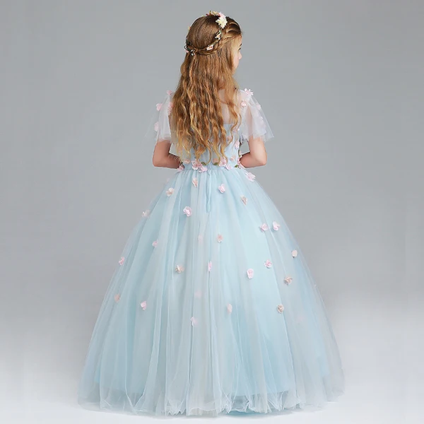 Chic / Beautiful Sky Blue Flower Girl Dresses 2017 Ball Gown Scoop Neck Short Sleeve Appliques Flower Floor-Length / Long Ruffle Pierced Wedding Party Dresses