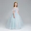 Chic / Beautiful Sky Blue Flower Girl Dresses 2017 Ball Gown Scoop Neck Short Sleeve Appliques Flower Floor-Length / Long Ruffle Pierced Wedding Party Dresses