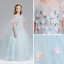 Chic / Beautiful Sky Blue Flower Girl Dresses 2017 Ball Gown Scoop Neck Short Sleeve Appliques Flower Floor-Length / Long Ruffle Pierced Wedding Party Dresses