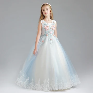 Chic Beautiful Sky Blue Flower Girl Dresses 2017 Ball Gown Scoop Neck Sleeveless Appliques Flower Lace Sequins Floor Length Long Ruffle Wedding Party Dresses