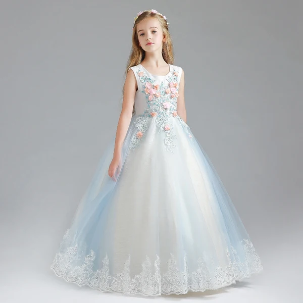 Chic / Beautiful Sky Blue Flower Girl Dresses 2017 Ball Gown Scoop Neck Sleeveless Appliques Flower Lace Sequins Floor-Length / Long Ruffle Wedding Party Dresses