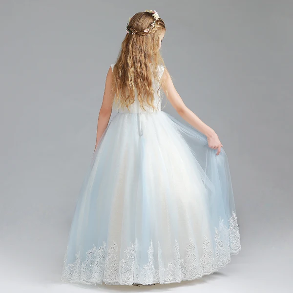 Chic / Beautiful Sky Blue Flower Girl Dresses 2017 Ball Gown Scoop Neck Sleeveless Appliques Flower Lace Sequins Floor-Length / Long Ruffle Wedding Party Dresses