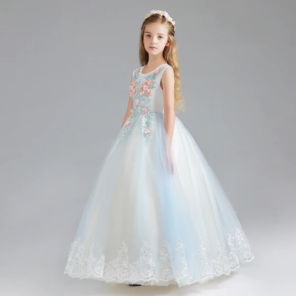 Chic / Beautiful Sky Blue Flower Girl Dresses 2017 Ball Gown Scoop Neck Sleeveless Appliques Flower Lace Sequins Floor-Length / Long Ruffle Wedding Party Dresses