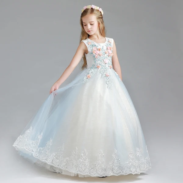 Chic / Beautiful Sky Blue Flower Girl Dresses 2017 Ball Gown Scoop Neck Sleeveless Appliques Flower Lace Sequins Floor-Length / Long Ruffle Wedding Party Dresses