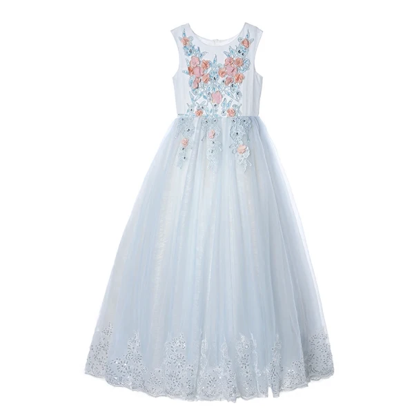 Chic / Beautiful Sky Blue Flower Girl Dresses 2017 Ball Gown Scoop Neck Sleeveless Appliques Flower Lace Sequins Floor-Length / Long Ruffle Wedding Party Dresses