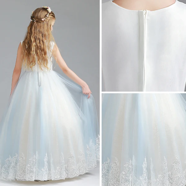 Chic / Beautiful Sky Blue Flower Girl Dresses 2017 Ball Gown Scoop Neck Sleeveless Appliques Flower Lace Sequins Floor-Length / Long Ruffle Wedding Party Dresses