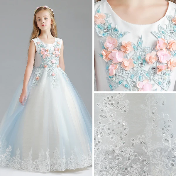 Chic / Beautiful Sky Blue Flower Girl Dresses 2017 Ball Gown Scoop Neck Sleeveless Appliques Flower Lace Sequins Floor-Length / Long Ruffle Wedding Party Dresses