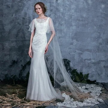 Elegant Ivory See Through Summer Wedding Dresses 2018 Trumpet Mermaid Scoop Neck Short Sleeve Backless Appliques Lace Ruffle Watteau Train