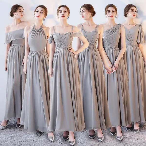 Modest / Simple Grey Chiffon Bridesmaid Dresses 2018 A-Line / Princess Sash Ankle Length Ruffle Backless Wedding Party Dresses