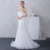 Modest / Simple Church Wedding Dresses 2017 Lace Appliques Pearl Sash Backless Shoulders Sweetheart Sleeveless Court Train White Trumpet / Mermaid