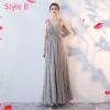 Modest / Simple Grey Chiffon Bridesmaid Dresses 2018 A-Line / Princess Sash Ankle Length Ruffle Backless Wedding Party Dresses
