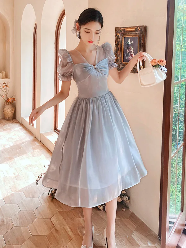 Modest Simple Grey Bridesmaid Dresses 2021 A-Line Princess Short Sleeve Bow Backless Modest Simple Grey Bridesmaid Dresses 2021 A-Line Princess Short Sleeve Bow Backless