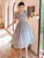 Modest / Simple Grey Bridesmaid Dresses 2021 A-Line / Princess Short Sleeve Bow Backless Tea-length Bridesmaid Wedding Party Dresses