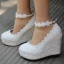 Modern / Fashion White Wedding Shoes 2018 Lace Pearl Ankle Strap 10 cm Wedges Round Toe Wedding