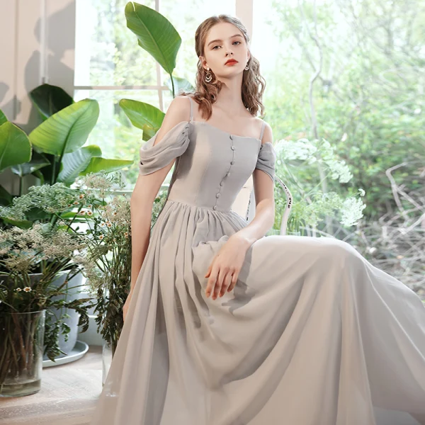 Modest / Simple Grey Graduation Dresses 2021 A-Line / Princess Scoop Neck Backless Floor-Length / Long Bridesmaid Short Sleeve Formal Dresses
