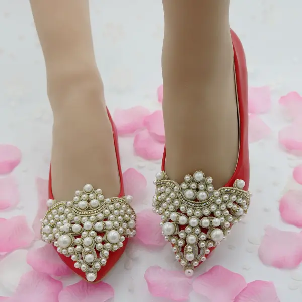 Snygga / Fina Vita Casual Damskor 2018 Pärla Rhinestone Spetsiga Platt