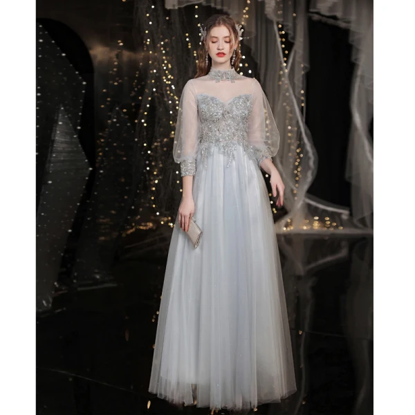 Elegant Grey Beading Evening Dresses Prom Dresses 2021 A-Line / Princess High Neck Appliques Lace Flower Pearl 3/4 Sleeve Backless Floor-Length / Long Prom Formal Dresses