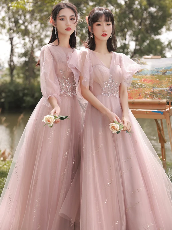 blue dress for baby girl Off the Shoulder Light Pink Long Bridesmaid Dress with Slit – jkprom main image 0