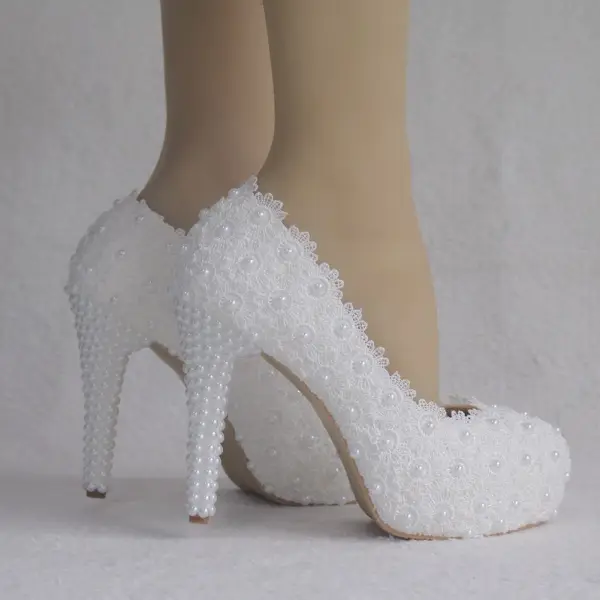 Chic / Beautiful White Wedding Shoes 2018 Lace Pearl 11 cm Stiletto Heels Round Toe Wedding Pumps