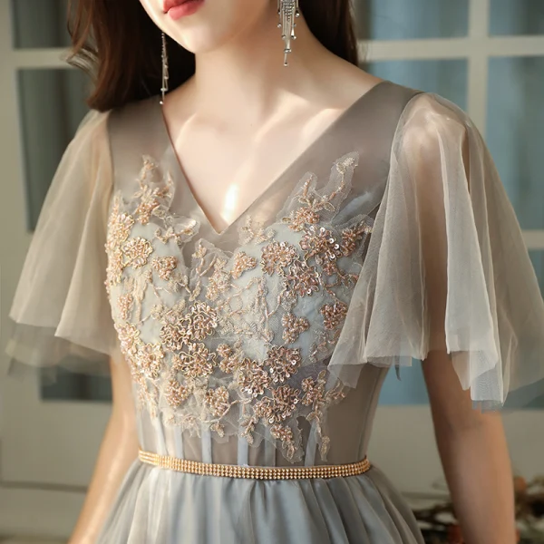Chic / Belle Gris Robe Demoiselle D'honneur 2021 Princesse Manches Courtes Dos Nu Perlage Perle En Dentelle Fleur Paillettes Longue Demoiselle D'honneur Robe Pour Mariage
