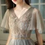 Chic / Belle Gris Robe Demoiselle D'honneur 2021 Princesse Manches Courtes Dos Nu Perlage Perle En Dentelle Fleur Paillettes Longue Demoiselle D'honneur Robe Pour Mariage