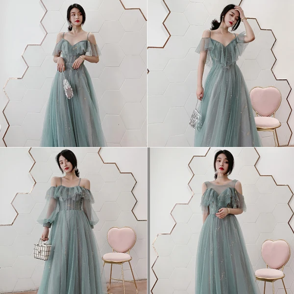 Chic / Beautiful Green Sequins Bridesmaid Dresses 2021 A-Line / Princess Spaghetti Straps Short Sleeve Backless Floor-Length / Long Bridesmaid Wedding Party Dresses
