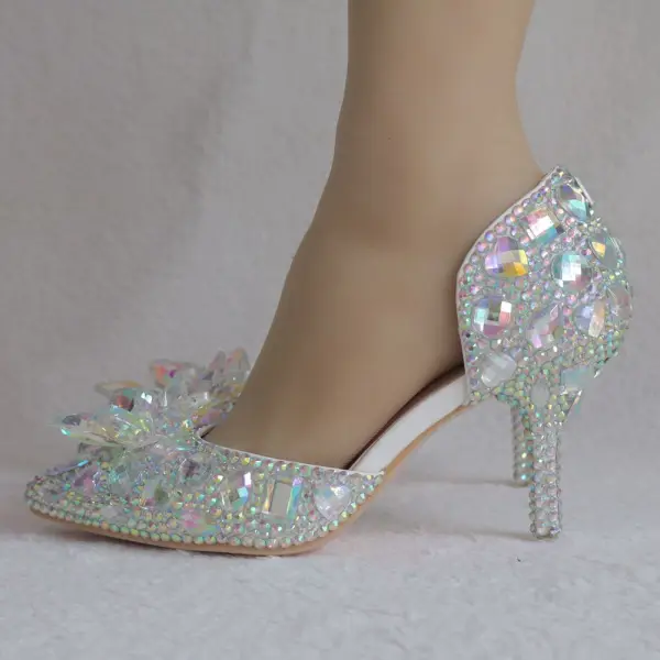Unika Silver Brudskor 2018 Kristall Rhinestone 7 cm Stilettklackar Spetsiga Bröllop Högklackade