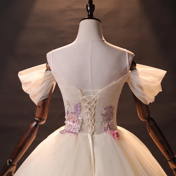 Charming Ball Gown Quinceañera Champagne Flower Prom Dresses 2024 Spaghetti Straps Floor-Length / Long Tulle Formal Dresses