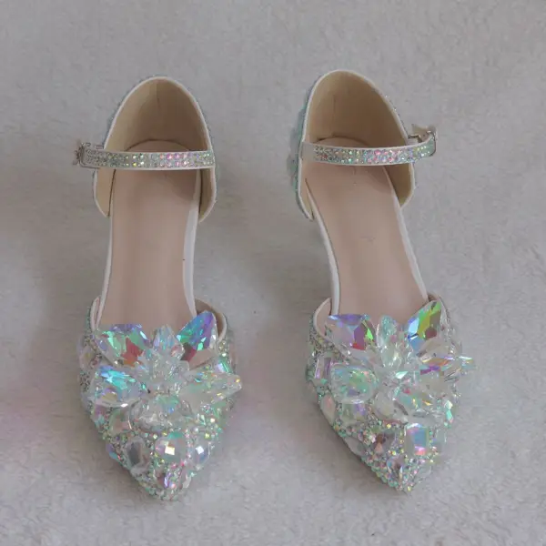 Amazing / Unique Silver Wedding Shoes 2018 Buckle Crystal Rhinestone 5 cm Stiletto Heels Pointed Toe Wedding High Heels