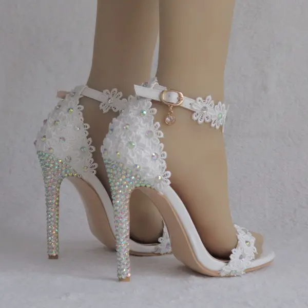 Modern / Fashion White Wedding Shoes 2018 Lace Flower Rhinestone Ankle Strap 11 cm Stiletto Heels Open / Peep Toe Wedding High Heels
