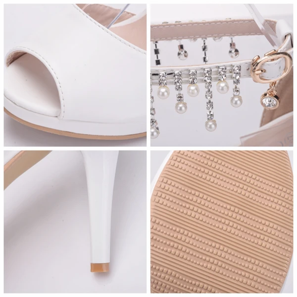 Schöne Weiß Brautschuhe 2018 Perle Strass Knöchelriemen 7 cm Stilettos Peeptoes Hochzeit Hochhackige