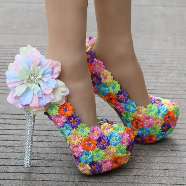 Flower Fairy Multi-Colors Prom Pumps 2018 Lace Handmade  Flower 14 cm Rhinestone Stiletto Heels Round Toe Pumps