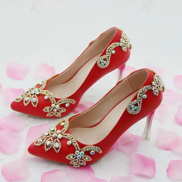 Mode Vita Brudskor 2018 Rhinestone 9 cm Kristall Stilettklackar Spetsiga Bröllop Pumps