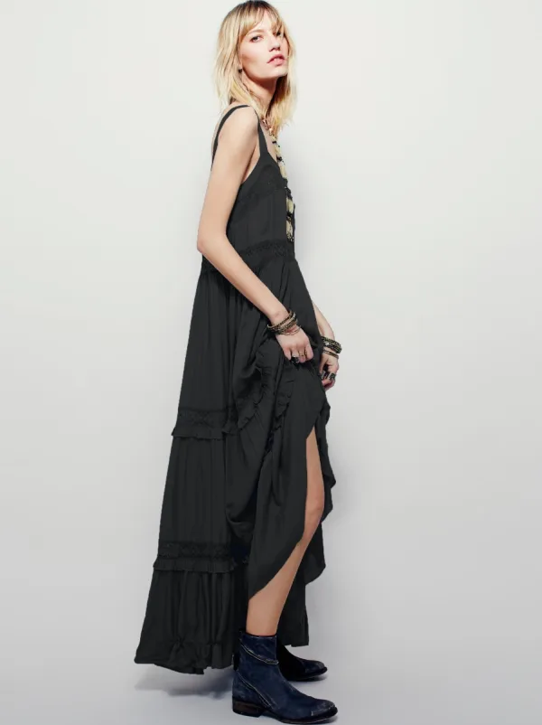 Simple Bleu Ciel Désinvolte Robes longues 2019 Volants Bretelles Spaghetti Sans Manches Dos Nu Longueur Cheville Vêtements Femme