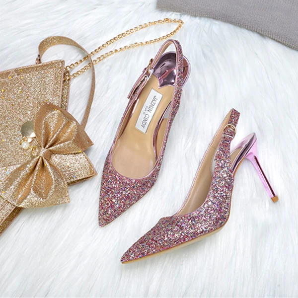 Scintillantes Champagne Soirée Chaussures Femmes 2019 Boucle Cuir Paillettes Faux Diamant 9 cm Talons Aiguilles À Bout Pointu Talons Hauts