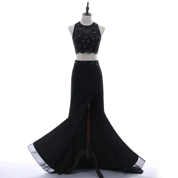 Chic / Belle 2 Pièces Noire Robe De Soirée 2018 Trompette / Sirène Encolure Dégagée Sans Manches Perlage En Dentelle Fleur Paillettes Faux Diamant Dos Nu Train De Balayage Robe De Ceremonie