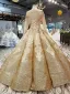 Luxe Doré Robe De Mariée 2019 Robe Boule Glitter Tulle Encolure Dégagée Perlage Cristal Gland En Dentelle Fleur Manches Longues Dos Nu Royal Train