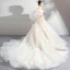 Charming Champagne Wedding Dresses 2019 A-Line / Princess Off-The-Shoulder Appliques Embroidered Pearl 3/4 Sleeve Backless Cathedral Train