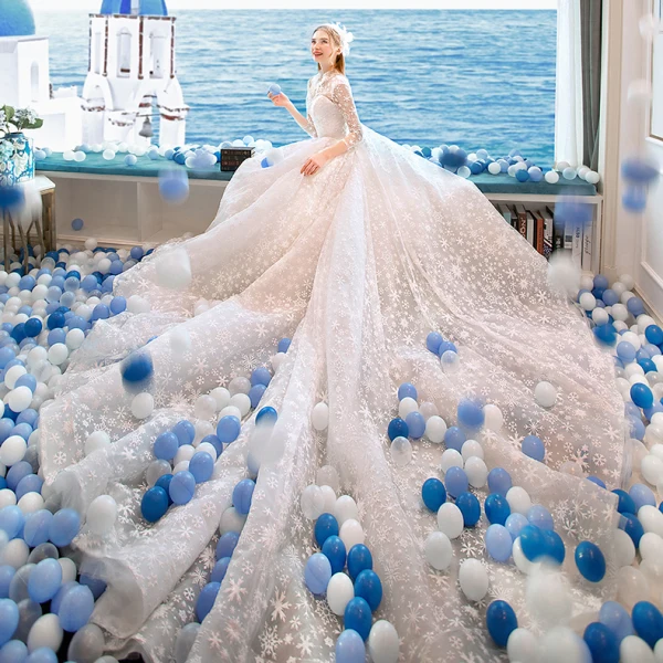 Chinese style Ivory Beading Wedding Dresses 2019 A-Line / Princess High Neck Bow Pearl Lace Flower Rhinestone Tassel Sequins 3/4 Sleeve Royal Train
