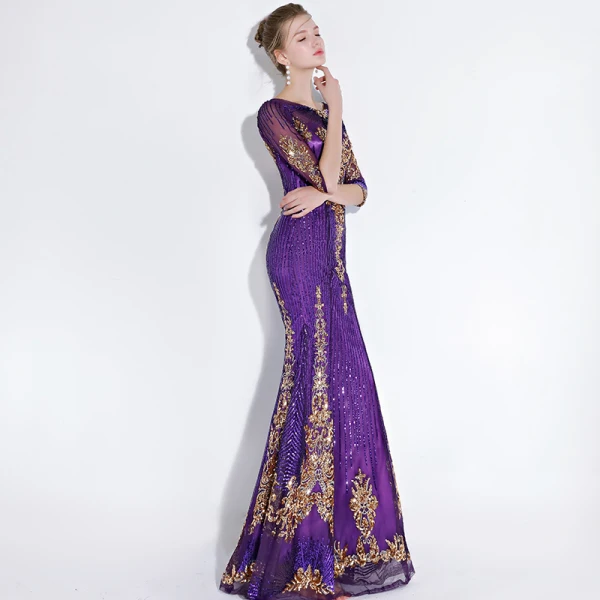 Scintillantes Grape Robe De Soirée 2018 Trompette / Sirène Glitter Paillettes Brodé Encolure Dégagée 1/2 Manches Longue Robe De Ceremonie