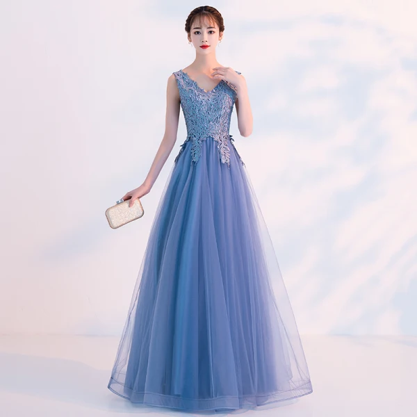 Affordable Pool Blue Evening Dresses 2019 A-Line / Princess V-Neck Lace Flower Sleeveless Backless Floor-Length / Long Formal Dresses