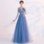 Affordable Pool Blue Evening Dresses  2019 A-Line / Princess V-Neck Lace Flower Sleeveless Backless Floor-Length / Long Formal Dresses