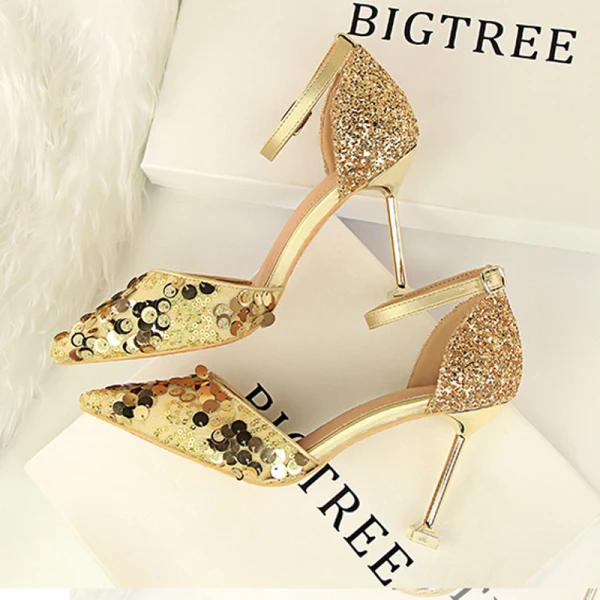 Affordable Silver Casual Womens Shoes 2019 Ankle Strap Sequins 9 cm Stiletto Heels Pointed Toe High Heels