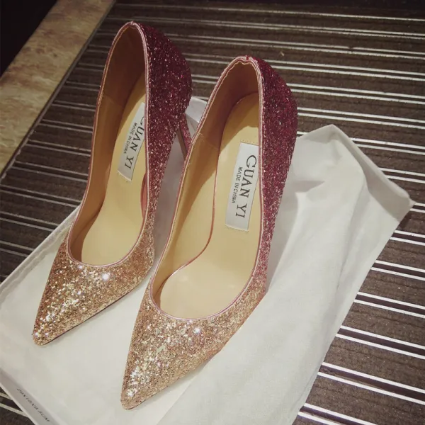Charmant Dégradé De Couleur Argenté Chaussure De Mariée 2019 Paillettes 10 cm Talons Aiguilles À Bout Pointu Mariage Escarpins