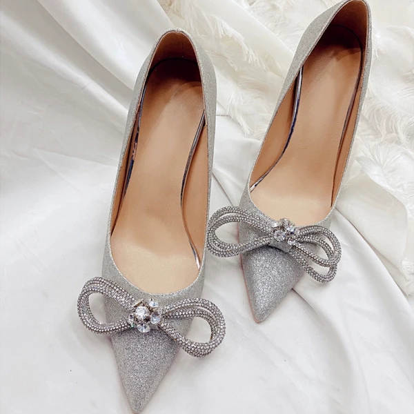 Charmant Schwarz Abend Pumps 2021 Leder Strass Schleife 8 cm Stilettos Spitzschuh Pumps Hochhackige
