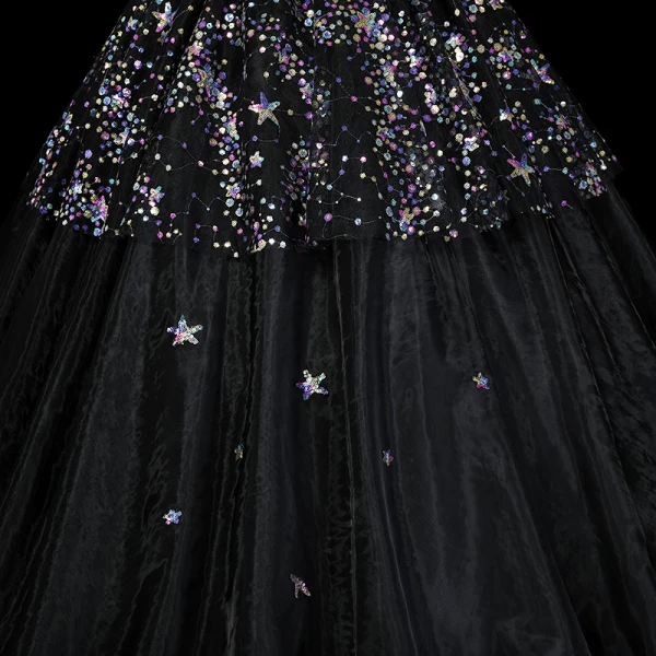 Sparkly Black Prom Dresses 2019 A-Line / Princess V-Neck Star Sequins Lace Flower 1/2 Sleeves Floor-Length / Long Formal Dresses